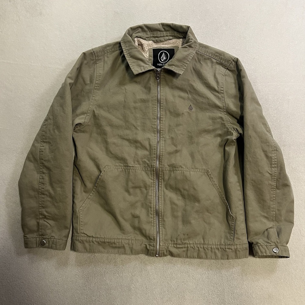 Volcom Jacket Men's Size Small Beige Sherpa Lined Canvas Full Zip Up Long Sleeve